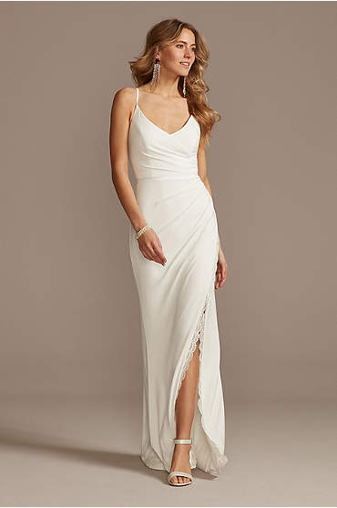 Ruched Spaghetti Strap Jersey Dress with Lace Slit